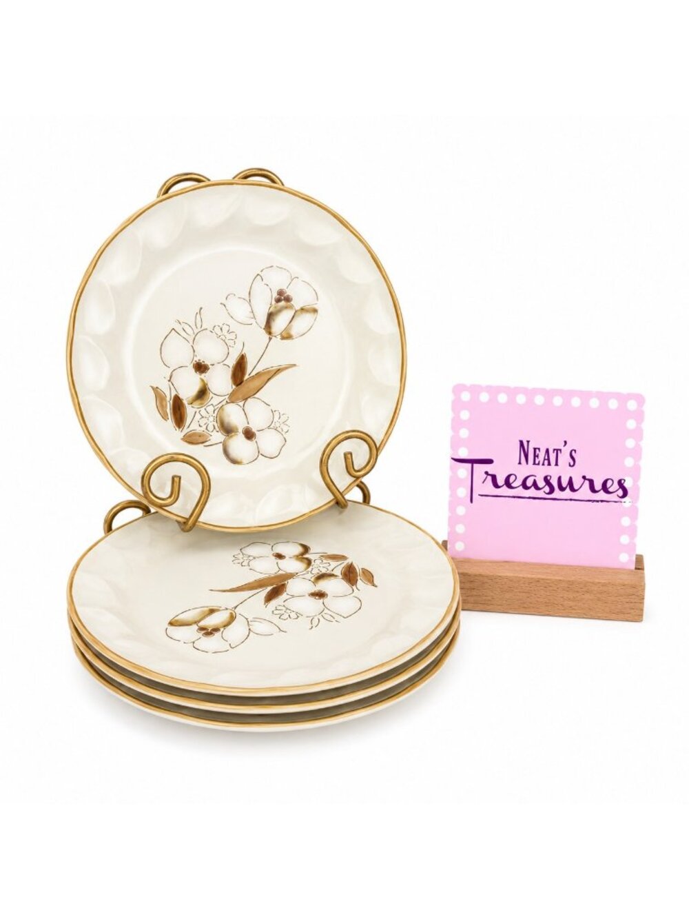 Hearthside Sculptura FELICITY White Brown Floral  Stoneware Salad Plates Set 4